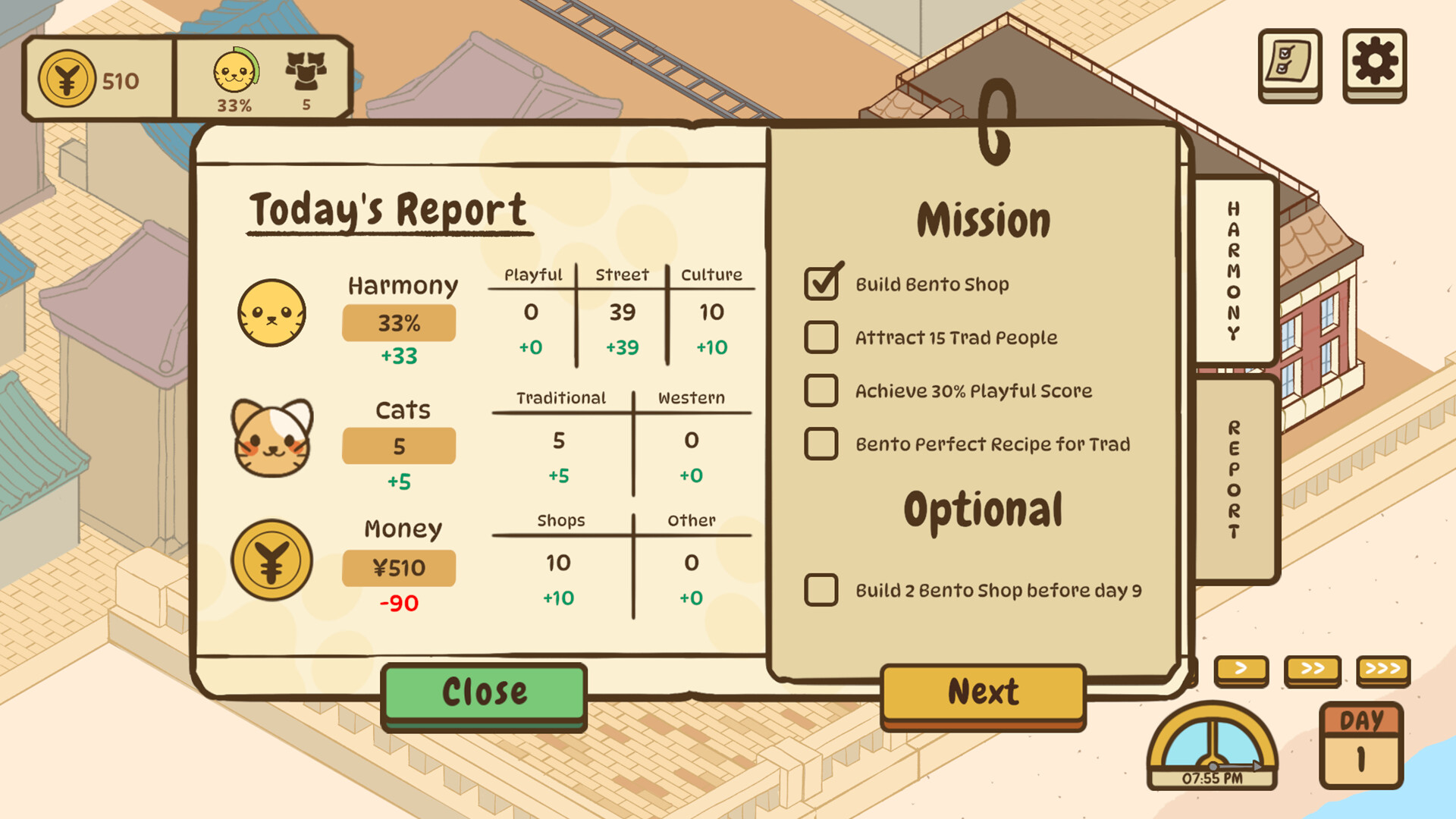 Daily reports tracking village harmony and missions